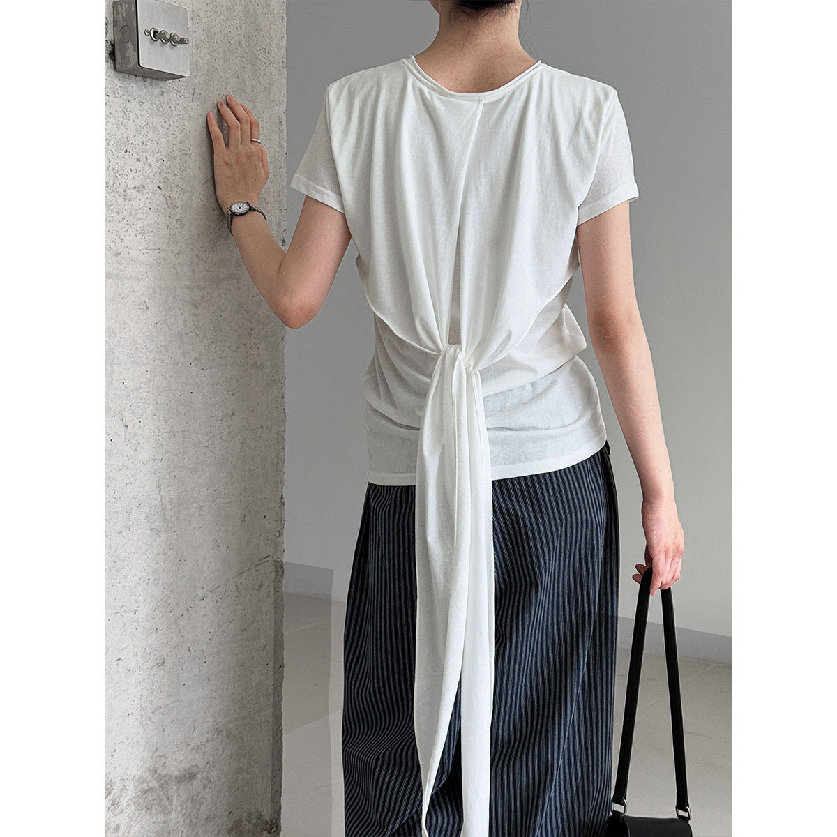 Luxi Korean version strap waist T-shirt women's summer new casual round neck versatile short-sleeved front shoulder top 2695