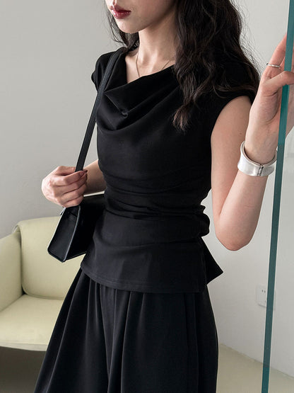 Luxi, Korean swinging collar set asymmetrical slanted shoulder T-shirt + high-waisted casual wide-leg pants summer two-piece set 2678