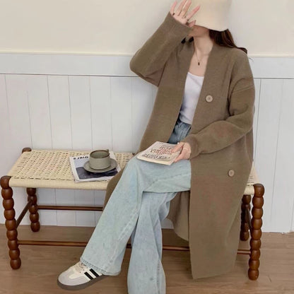 VLOVELAW Korean version loose large size knitted cardigan women's New autumn and winter simple loose lazy wind thickened long sweater jacket