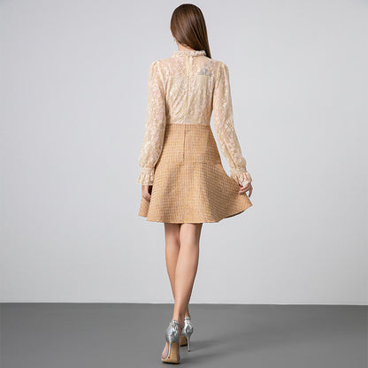 Lace shirt dress women popular autumn and winter socialite lady sweet temperament fake two A-shaped dress