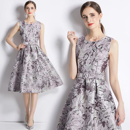 Popularan station women's clothing  spring and summer new women's clothing retro sleeveless jacquard dress slim A-shaped skirt