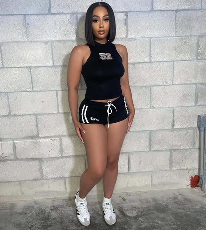 summer new women's clothing New Spice Girls printing slim-fitting round neck sleeveless top hip-wrapped lace-up shorts set