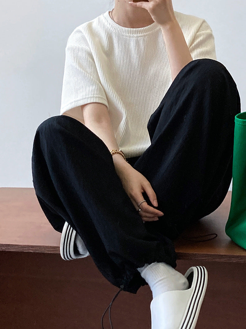 Luxi Japanese lazy casual pants drawstring elastic high waist loose silhouette thin tooling wind wide leg pants women 1620