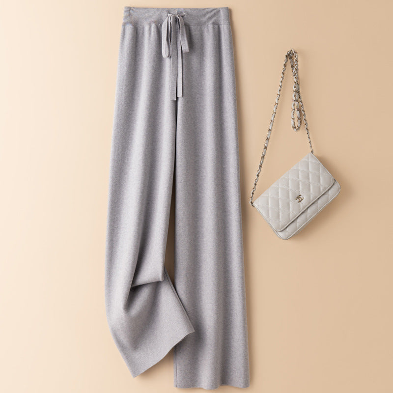 VLOVELAW Knitted wide-leg pants women's spring and autumn wear casual lazy high waist drape straight loose knitted casual trousers women