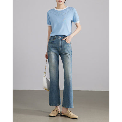 2025  Retro Hong Kong style slightly pulled jeans women look thin spring and autumn new washed four-sided elastic blue nine-point flared pants