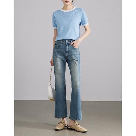 2025  Retro Hong Kong style slightly pulled jeans women look thin spring and autumn new washed four-sided elastic blue nine-point flared pants