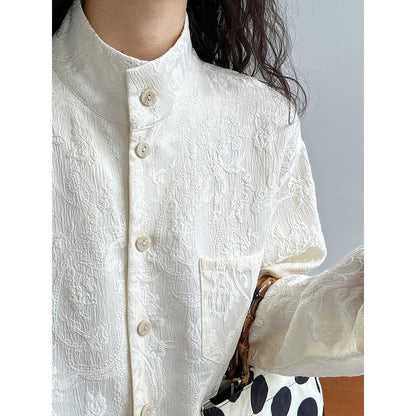 Lu Xi, retro new Chinese style shirt women's autumn texture jacquard stand-up collar high-end commuter top 3380