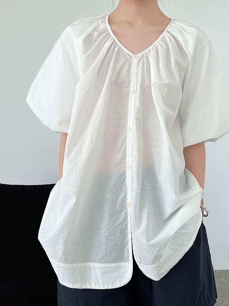 Luxi,  V-neck lazy bubble sleeve shirt women's summer new two-sided cardigan loose casual top 9746