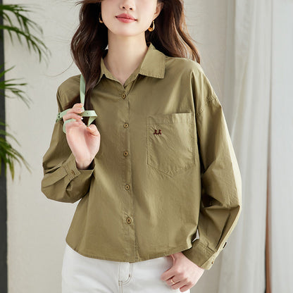 direct sales autumn new pure cotton long-sleeved shirt women's Korean version loose pocket embroidered temperament versatile shirt