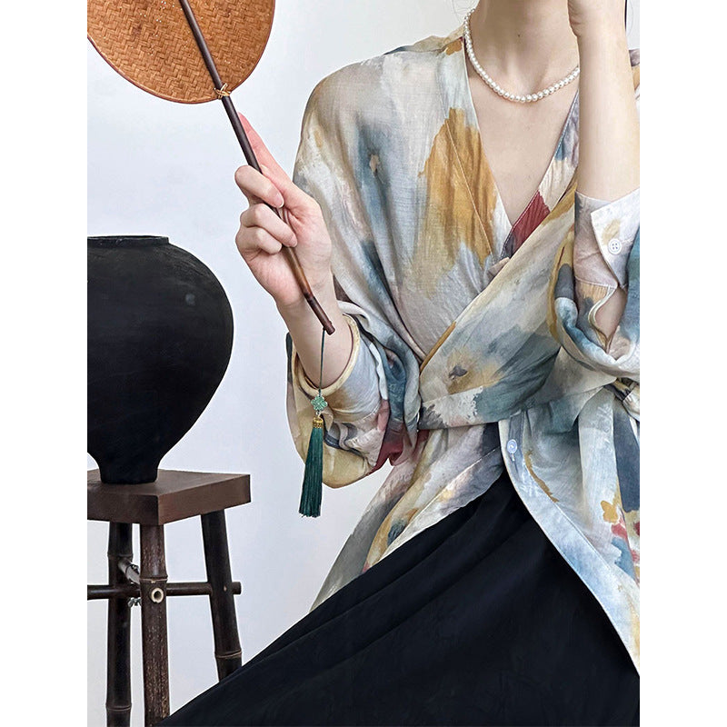 2025 Tachibana, spring new  retro smudge long-sleeved shirt women's design irregular top 1593