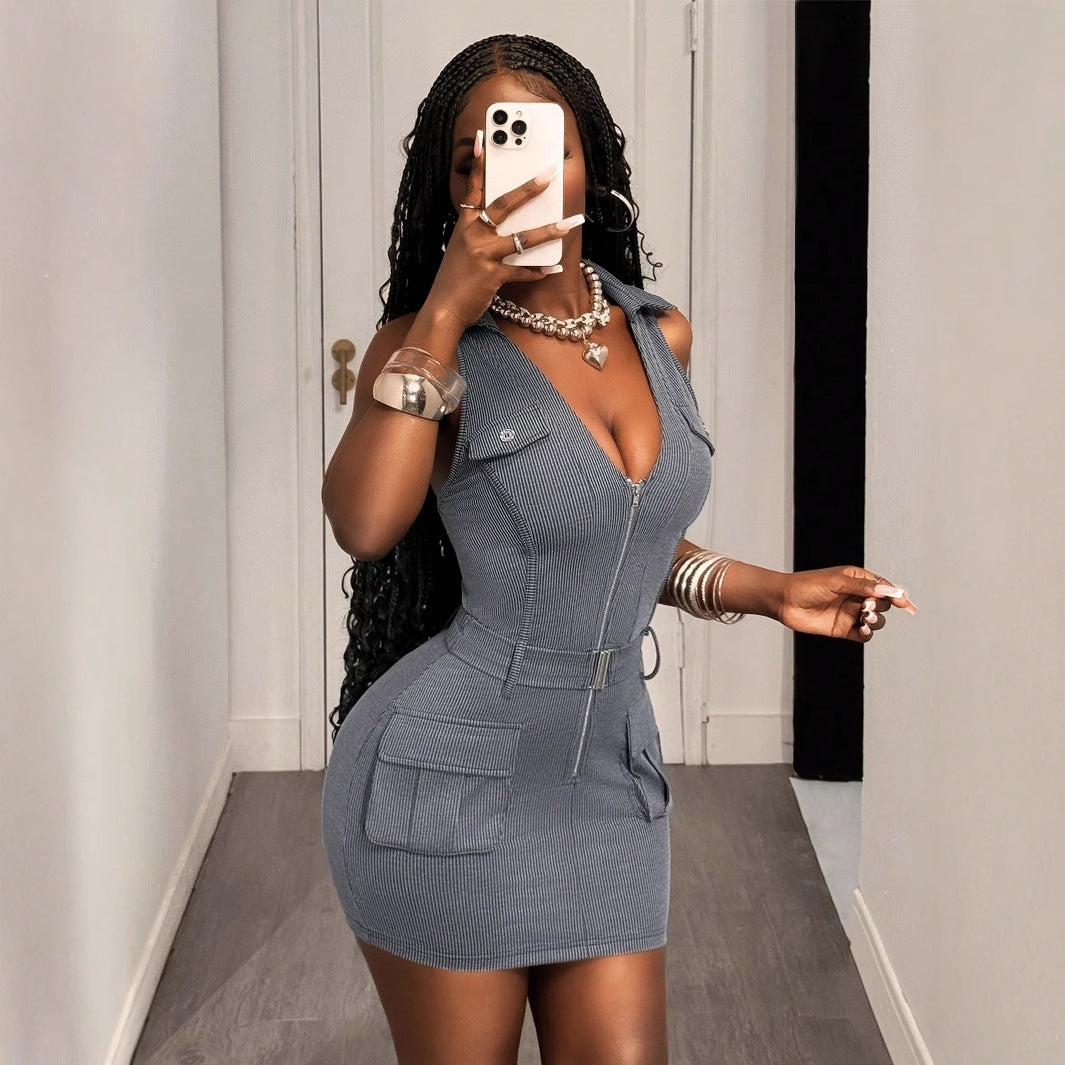 New sexy babes sleeveless hip-wrapped short skirts versatile waist and thin tooling pocket dresses