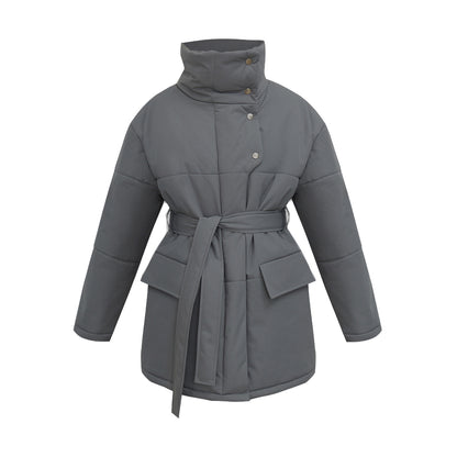 KKBOXLY Cross-border stand-up collar cotton jacket, 2025 New autumn and winter new temperament belt irregular medium and long cotton jacket