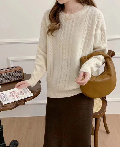 VLOVELAW New autumn and winter new solid color casual loose lazy style round neck fashion versatile knitted pullover sweater top women