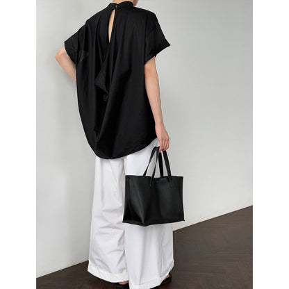 Luxi Korean design sense niche back hollow shirt women's summer new light and thin stand-up collar short-sleeved shirt 3606