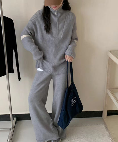 VLOVELAW Autumn and winter casual knitted suit women's New new pullover half zipper contrasting color lapel sweater wide-leg pants two-piece set
