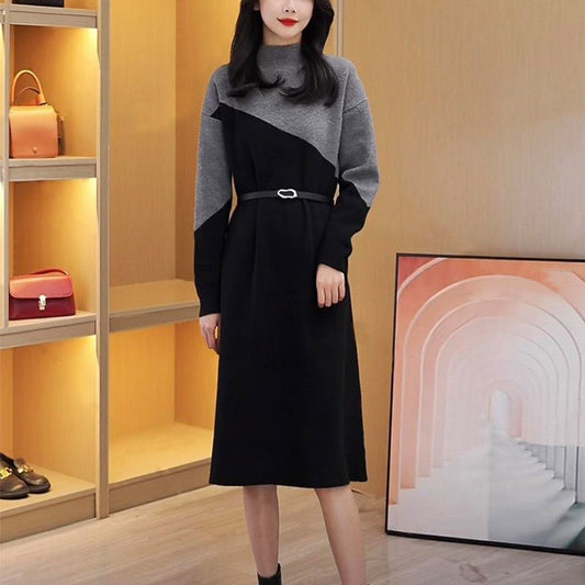 VLOVELAW Autumn and winter new fashion and thin high-end sweater skirt 2025 style color matching semi-turtleneck knitted sweater dress women
