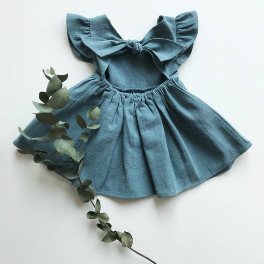 New Girls' Dress Baby Cotton and Linen Solid Color Children Shirt Bow Princess Dress Pettiskirt European and American Children