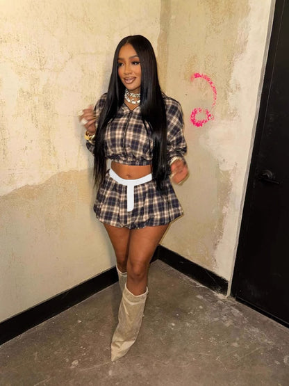 new New fashion millennial girl grid printing zipper short coat top bud short skirt set