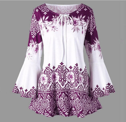 VLOVELAW European and American New  Women's Clothing Printing Long Horn Sleeve Lace-up T-shirt Slim Long Sleeve plus Size Women's Clothing