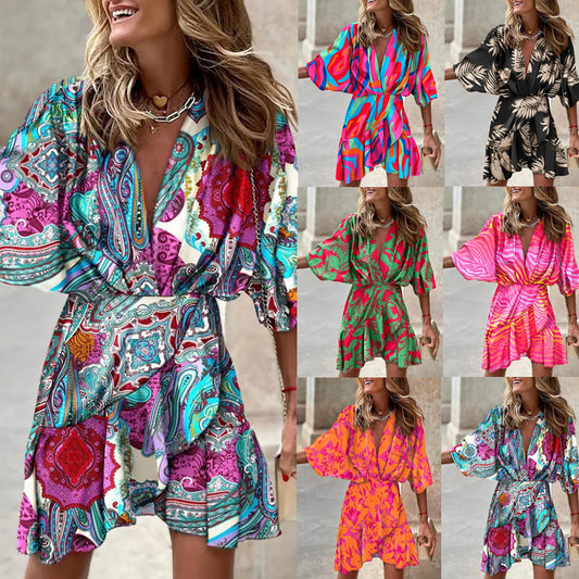 VLOVELAW Cross-Border Independent Station  Hot Autumn Batwing Sleeve V-neck Hem Irregular Dress Women's Clothing