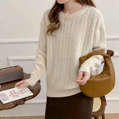 VLOVELAW New autumn and winter new solid color casual loose lazy style round neck fashion versatile knitted pullover sweater top women