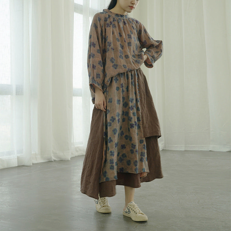 nostalgic retro blue-dye printed loose shirt, literary semi-turtleneck linen top S22261