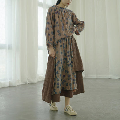 nostalgic retro blue-dye printed loose shirt, literary semi-turtleneck linen top S22261