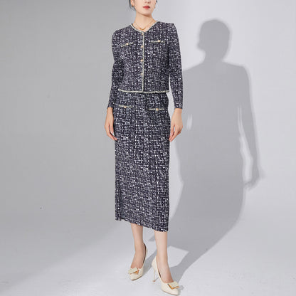 2025 High-end women's clothing Xiaoxiangfeng suit temperament cardigan jacket top medium and long split skirt pleated two-piece set