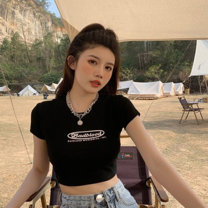 VLOVELAW Black Letter Printed Short T-shirt for Women  Summer New Slim Fit Slimming Versatile Hot Girl Short Sleeve Top