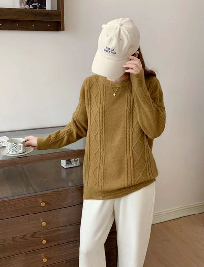 VLOVELAW New autumn and winter new women's clothing loose round neck pullover sweater women's rhombus lazy wind long-sleeved knitted sweater women's top