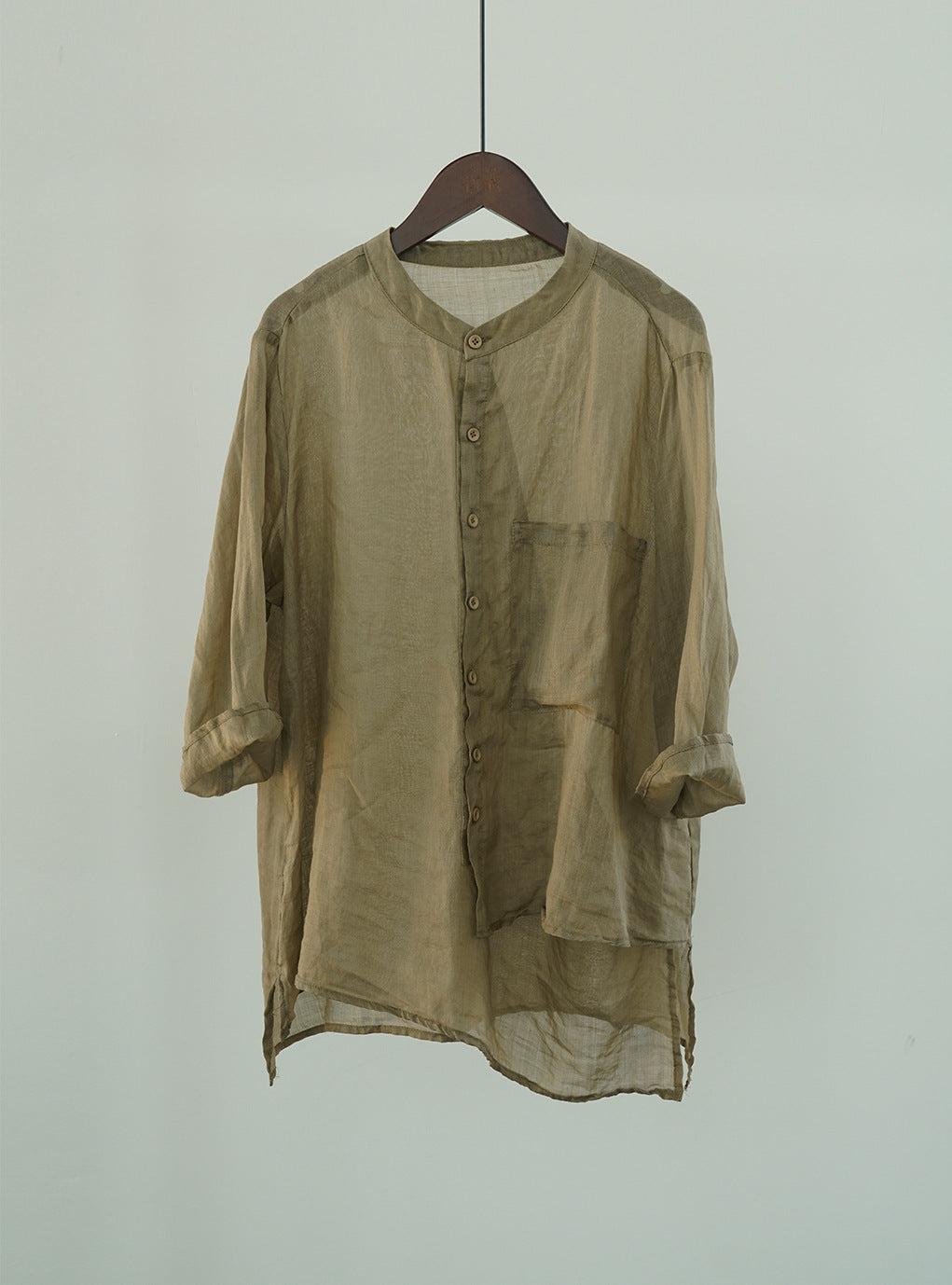 Literary and casual irregular ramie shirt, niche design retro tooling stand-up collar seven-quarter sleeve top W22281