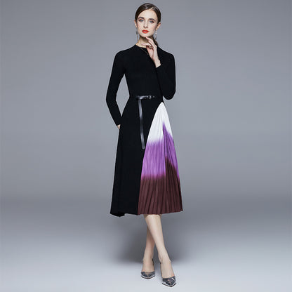 Knitted dress women's autumn and winter temperament slim and thin medium and long splicing gradual change of color pleated sweater skirt tide