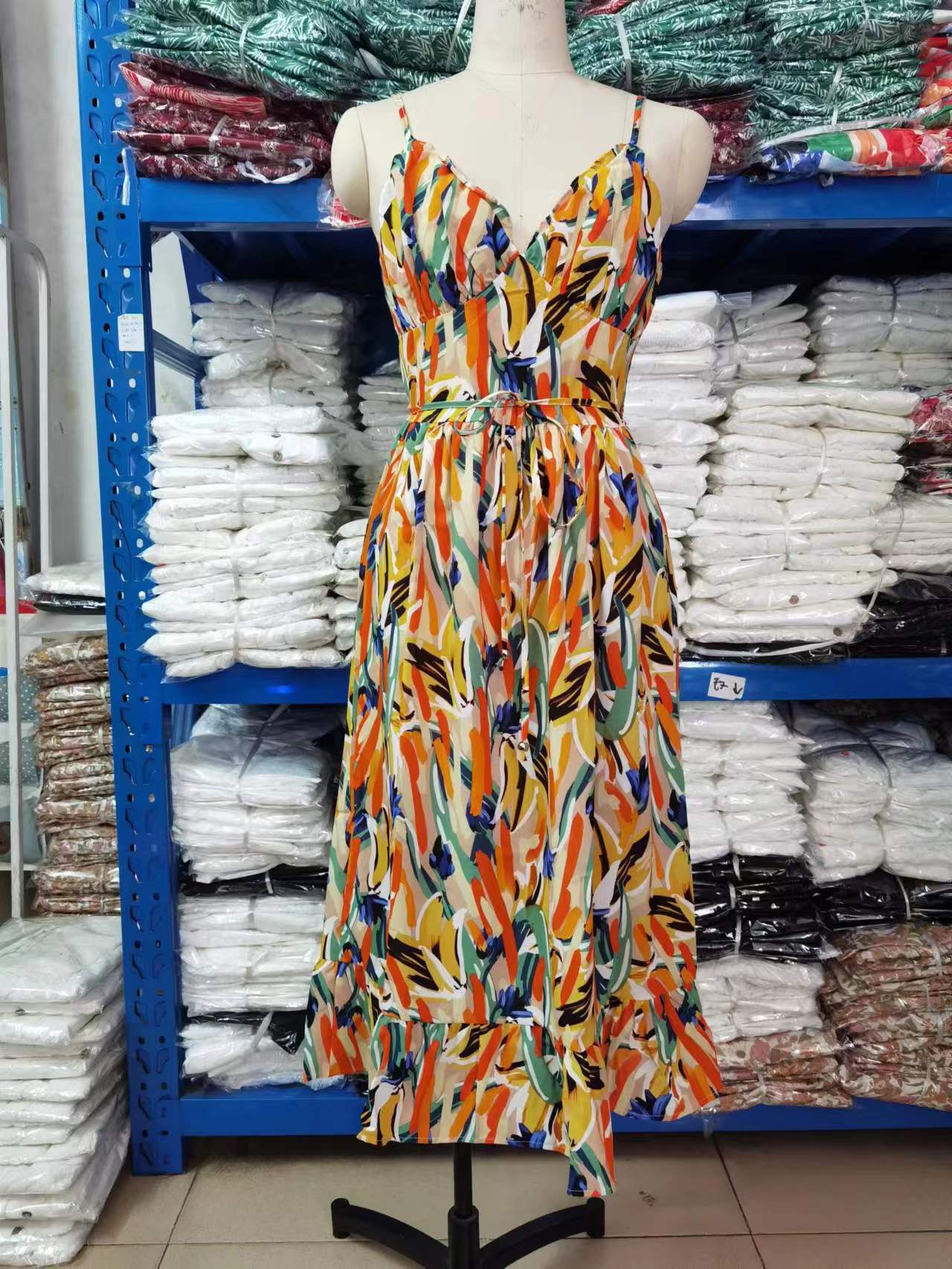 VLOVELAW European and American   Summer New Women's Printing Ruffle Sleeveless Dress