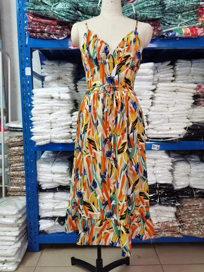 VLOVELAW European and American   Summer New Women's Printing Ruffle Sleeveless Dress