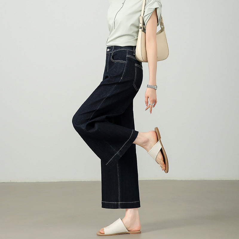 2025  Retro dark blue nine-point jeans women's summer and autumn new daily commuting style versatile high-waisted wide-leg Yamamoto pants