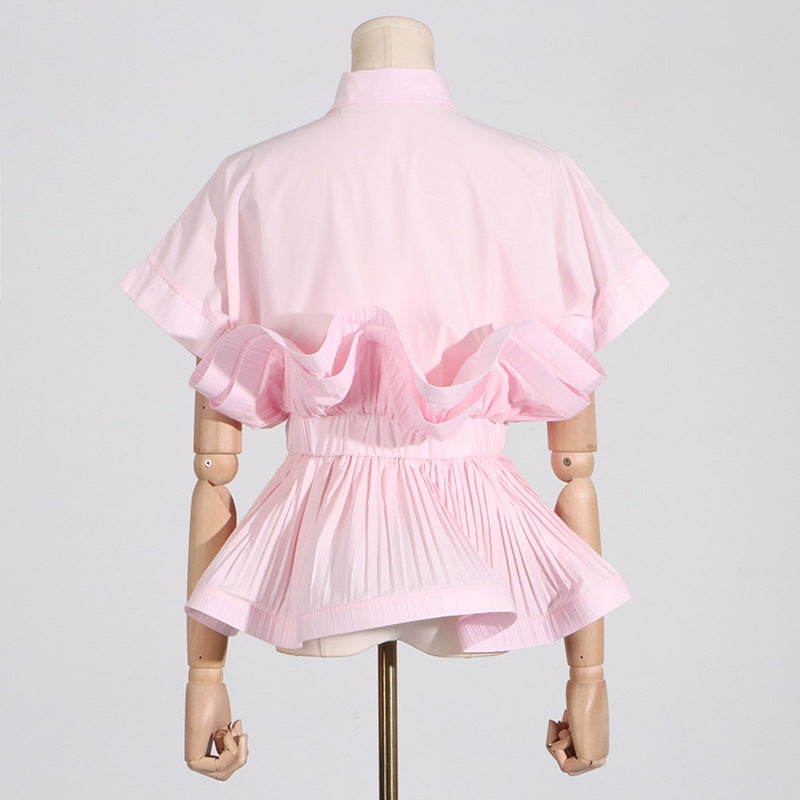 2025 spring new fashion lapel ruffle edge splicing design sense waist thin high-end short-sleeved shirt women
