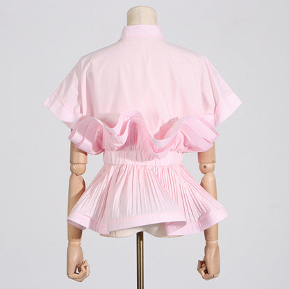 2025 spring new fashion lapel ruffle edge splicing design sense waist thin high-end short-sleeved shirt women