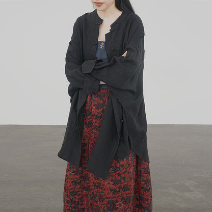 early autumn retro loose silhouette linen jacket, national style casual free and easy disc buckle long trench coat S22271