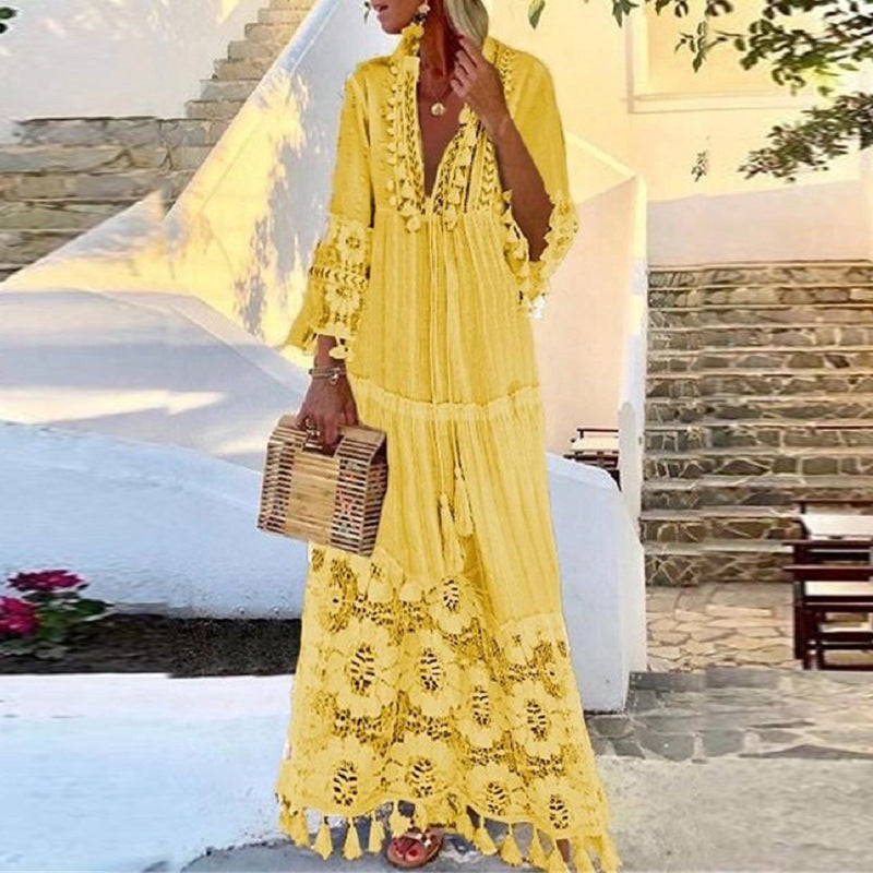 VLOVELAW Spring and Summer European and American Long Dress Bohemian Style V-neck Lace Tassel Stitching Beach Vacation Temperament Dress