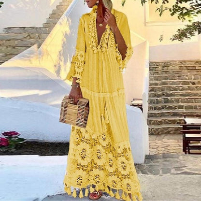 VLOVELAW Spring and Summer European and American Long Dress Bohemian Style V-neck Lace Tassel Stitching Beach Vacation Temperament Dress