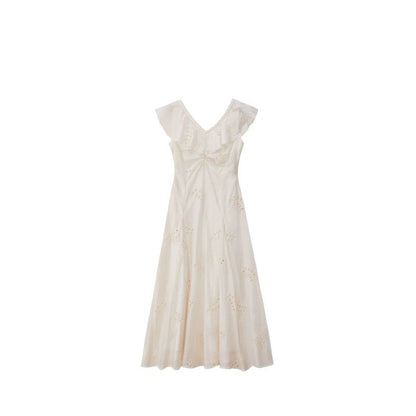 VLOVELAW [Golden Girl] S's 24 New Japanese Style V-neck Flounce Flying Sleeve Hollow Embroidery Dress 24039#