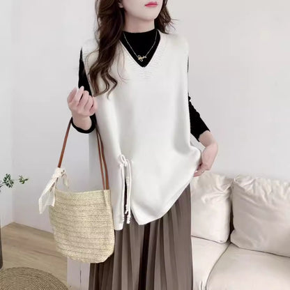 VLOVELAW Spring and Autumn New Sweater Women's Vest Knitted Vest Lazy V-Neck Loose Lace-up Cover Over Vest Wear Outside