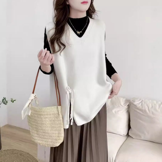VLOVELAW Spring and Autumn New Sweater Women's Vest Knitted Vest Lazy V-Neck Loose Lace-up Cover Over Vest Wear Outside