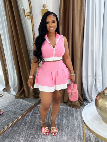 summer  New Popular trade solid color zipper single sleeveless top waist casual skirt suit women