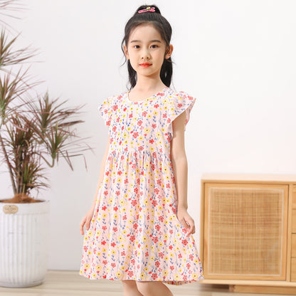 VLOVELAW Girls Dress Kids' Skirt Summer Baby Cotton Silk Floral Skirt Baby Girl Short Sleeve Princess Dress Clothes Children's Clothing