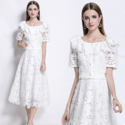 lace square neck ruffle leaf edge two-piece suit skirt, high sense, light and mature style, white top, half-length skirt.