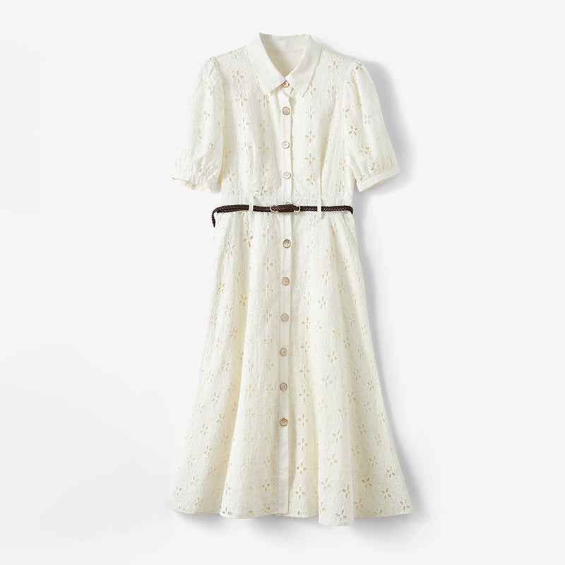 2025 Design Sense Heavy Industry Embroidery Dress White Hollow Embroidery Skirt Temperament Pure Cotton Long Dress  Summer Women's Clothing