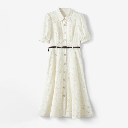 2025 Design Sense Heavy Industry Embroidery Dress White Hollow Embroidery Skirt Temperament Pure Cotton Long Dress  Summer Women's Clothing