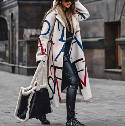 In stock! New autumn and winter new women's clothing loose large size printed trench coat lapel coat coat women