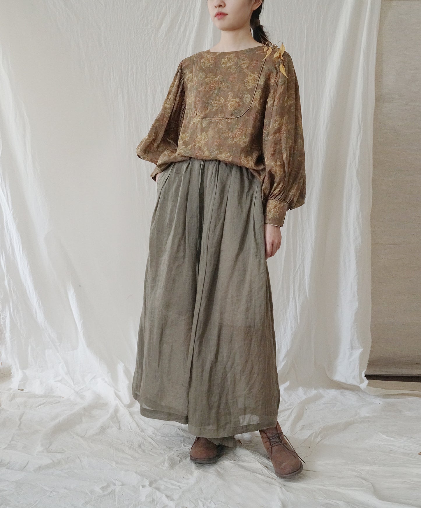 pastoral life ramie printed shirt, retro cool  bubble sleeve top S22276